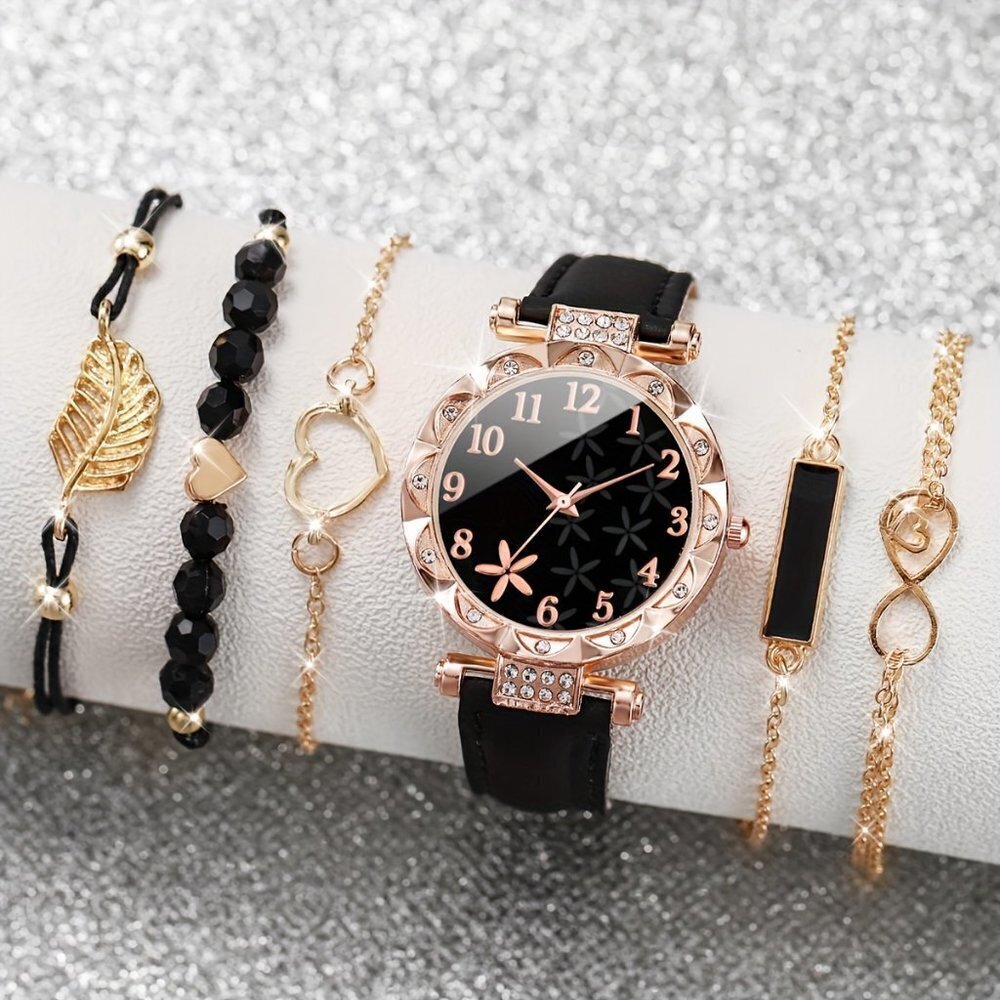 Travel Passions - Rose Gold Casual Flower Watch with 5 bracelets